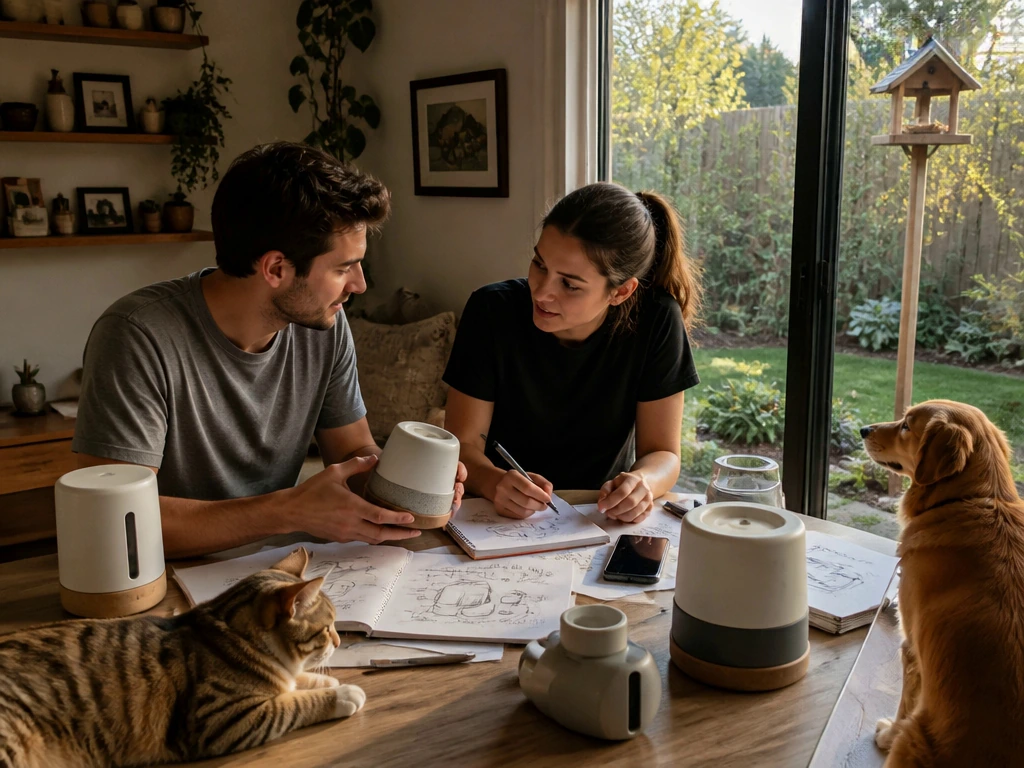 A thoughtful planning moment in a pet-friendly home