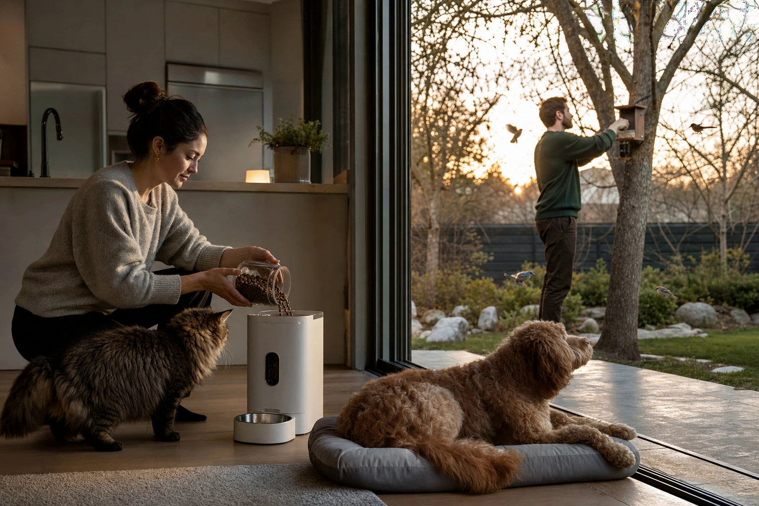 A home scene connecting pet care and backyard birdwatching