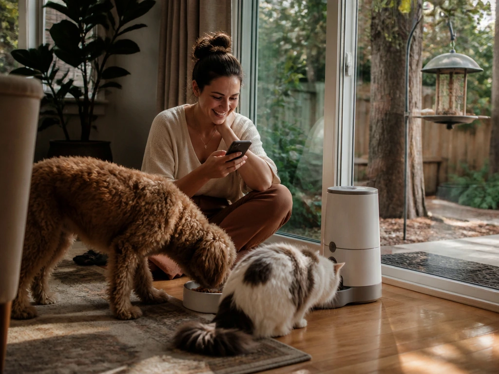 A warm home support moment with pets nearby
