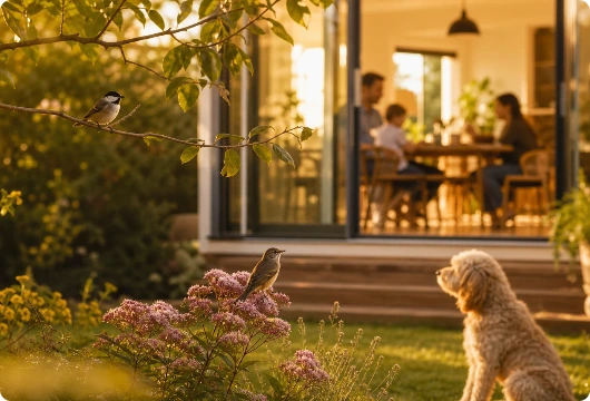 A peaceful backyard scene with birds, pets, and family life at home