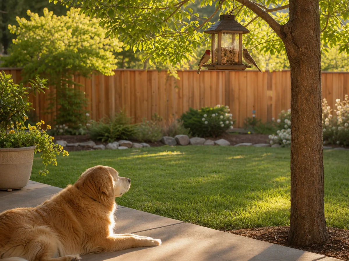 Dog watching birds visit a backyard feeder