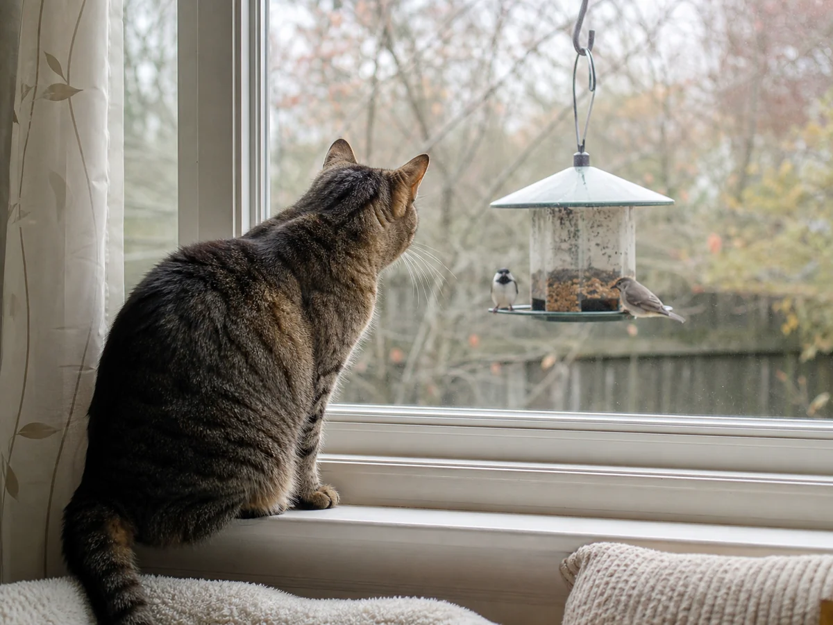 Cat watching birds outside a window