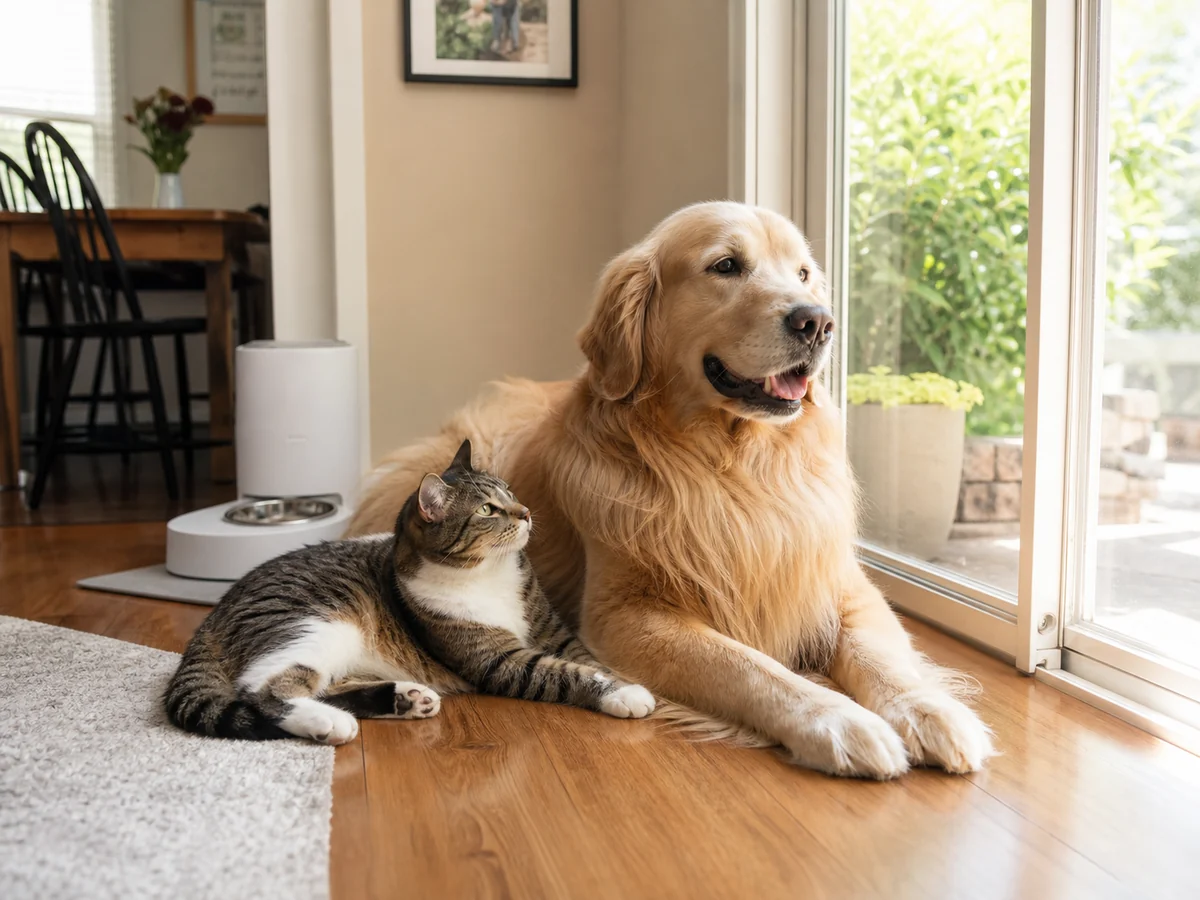 Dog and cat resting near a bright patio door