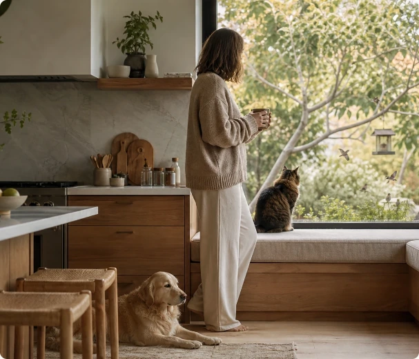 A quiet home moment with pets watching birds outside