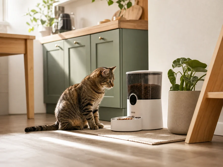 A cat beside an automatic feeder in a warm kitchen