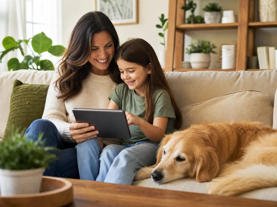 A family using a tablet with a dog resting nearby