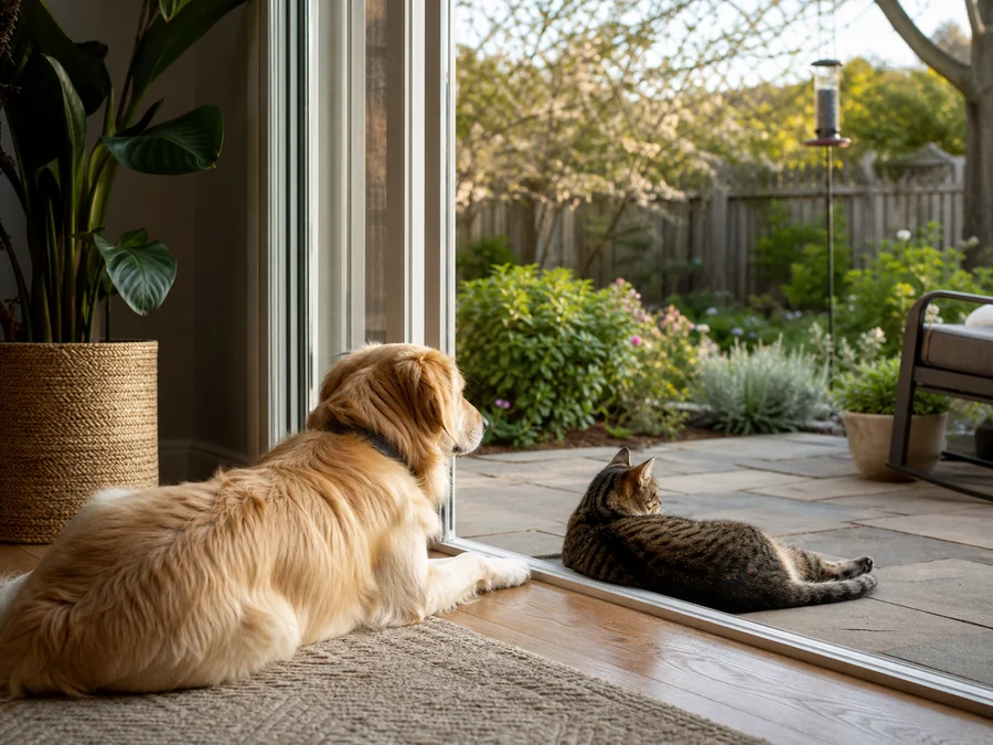 A dog and cat near a patio with a bird feeder outside