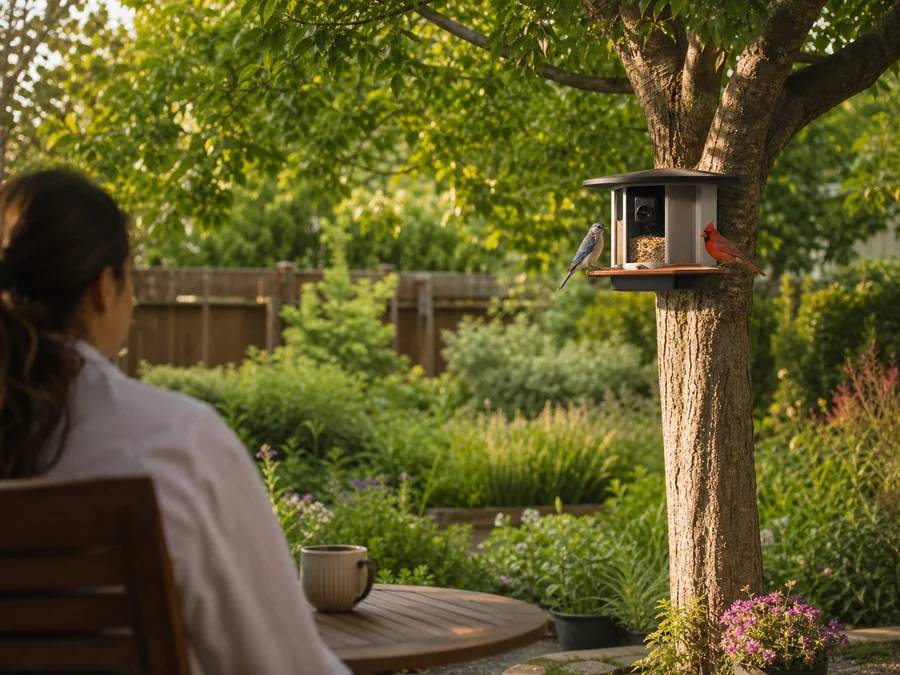 A backyard bird feeder with birds in a garden
